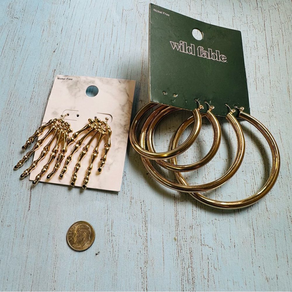 Earring Lot Wild Fable 2 Goldtone Hoops Goldtone Skeleton Hand Dangles Earrings